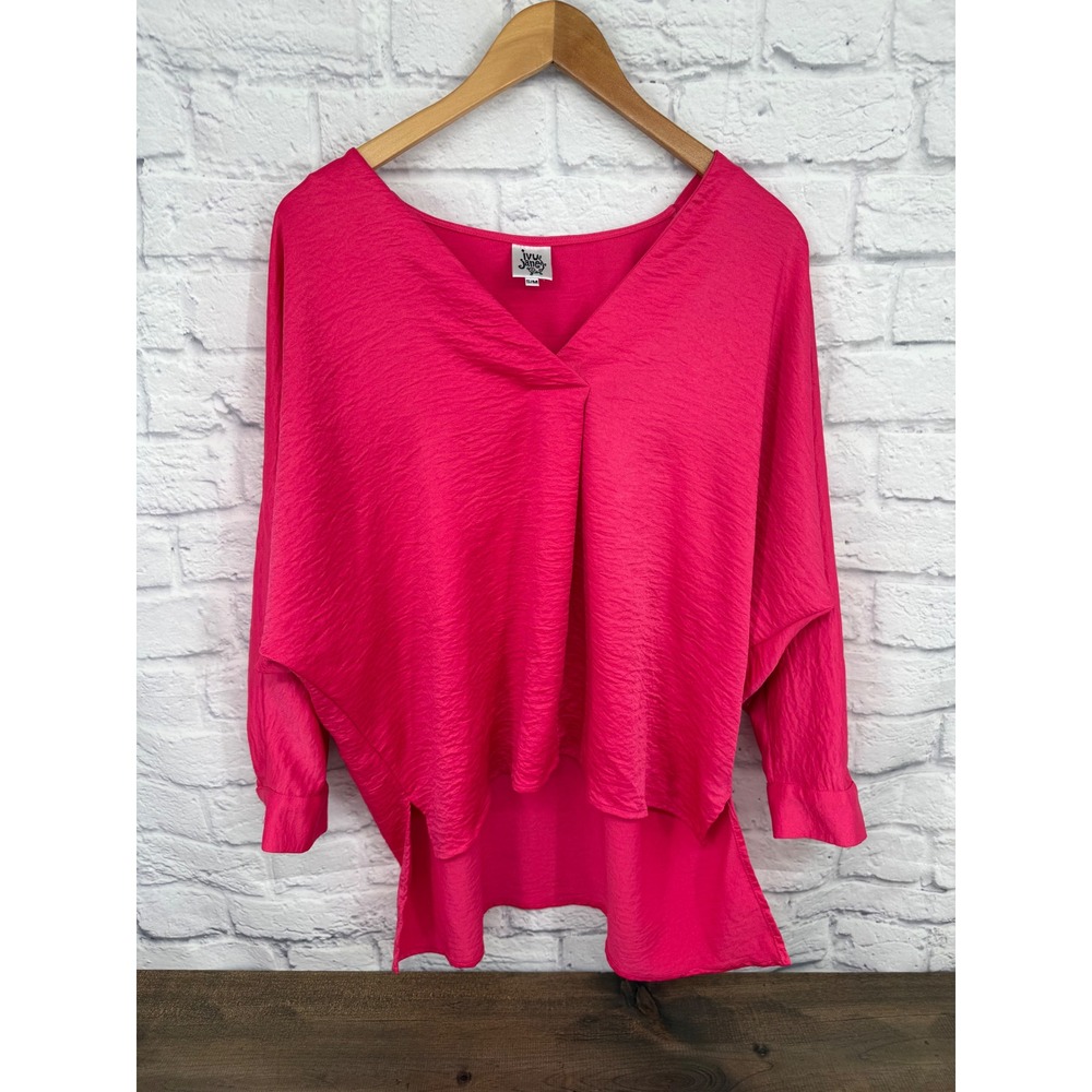 Ivy Jane Womens Hot Pink Oversized Dolman V-Neck High-Low Top S/M